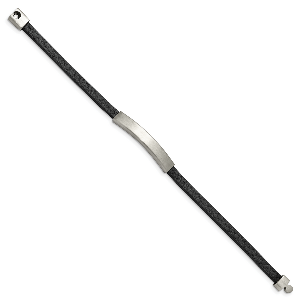 Stainless Steel Brushed Black PU Textured Leather ID Bracelet