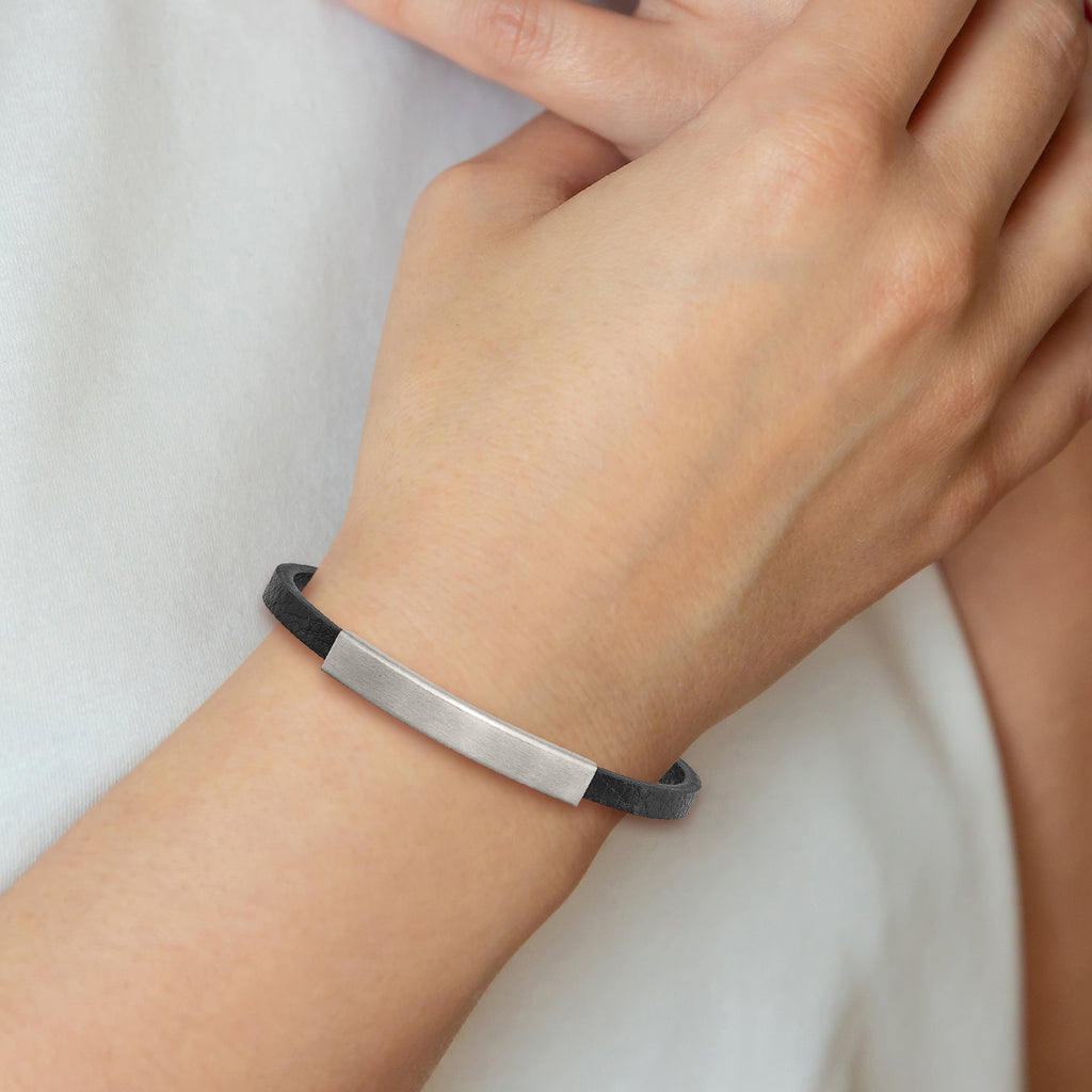 Stainless Steel Brushed Black PU Textured Leather ID Bracelet