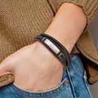 Stainless Steel Brushed Multi Strand Brown PU Leather and Rubber ID Bracelet with . Extension