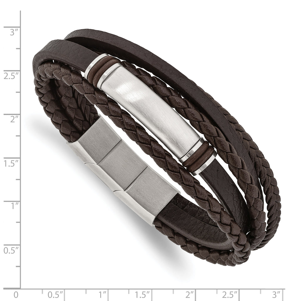 Stainless Steel Brushed Multi Strand Brown PU Leather and Rubber ID Bracelet with . Extension