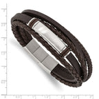 Stainless Steel Brushed Multi Strand Brown PU Leather and Rubber ID Bracelet with . Extension