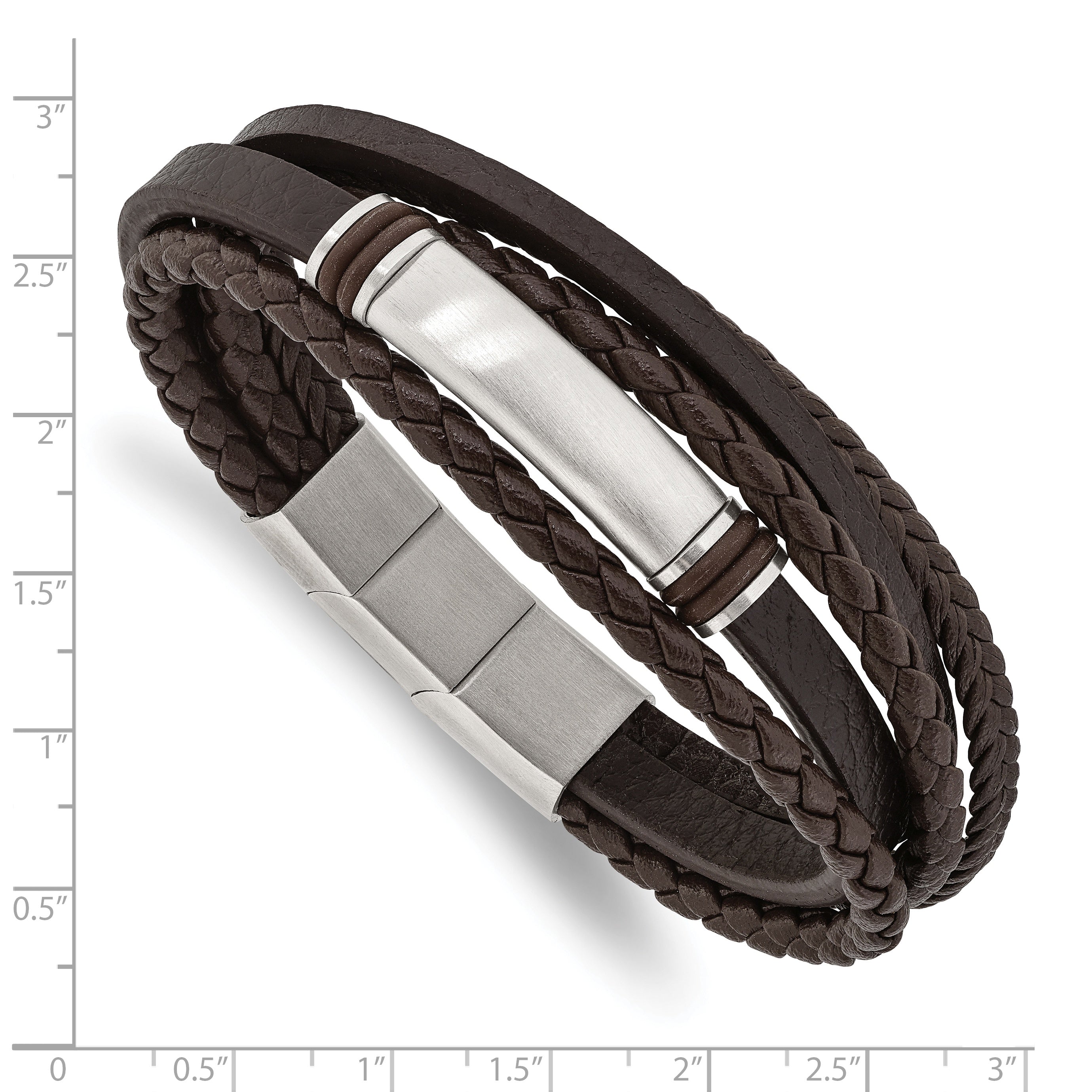 Stainless Steel Brushed Multi Strand Brown PU Leather and Rubber ID Bracelet with . Extension