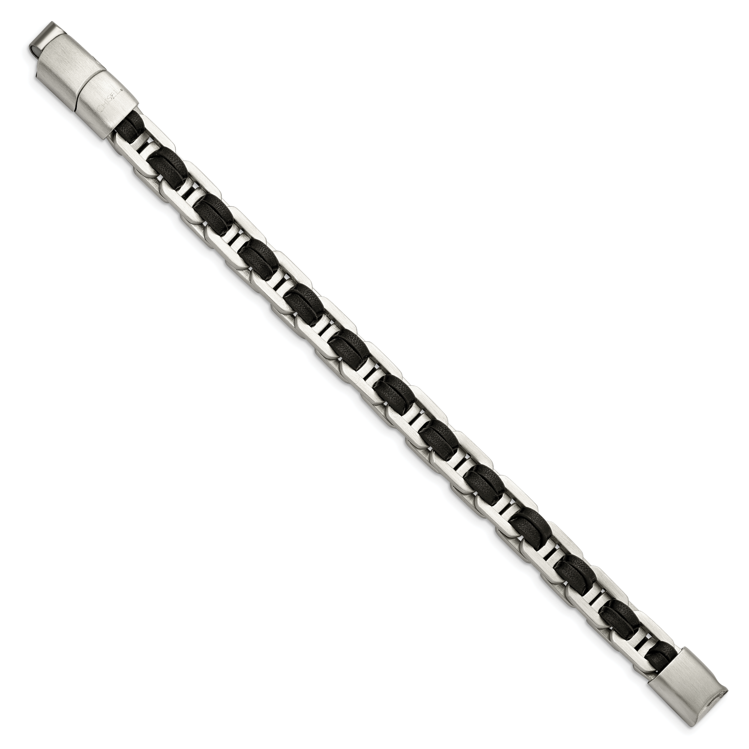 Stainless Steel Brushed with Black PU Leather Bracelet with . Extension Secondary image