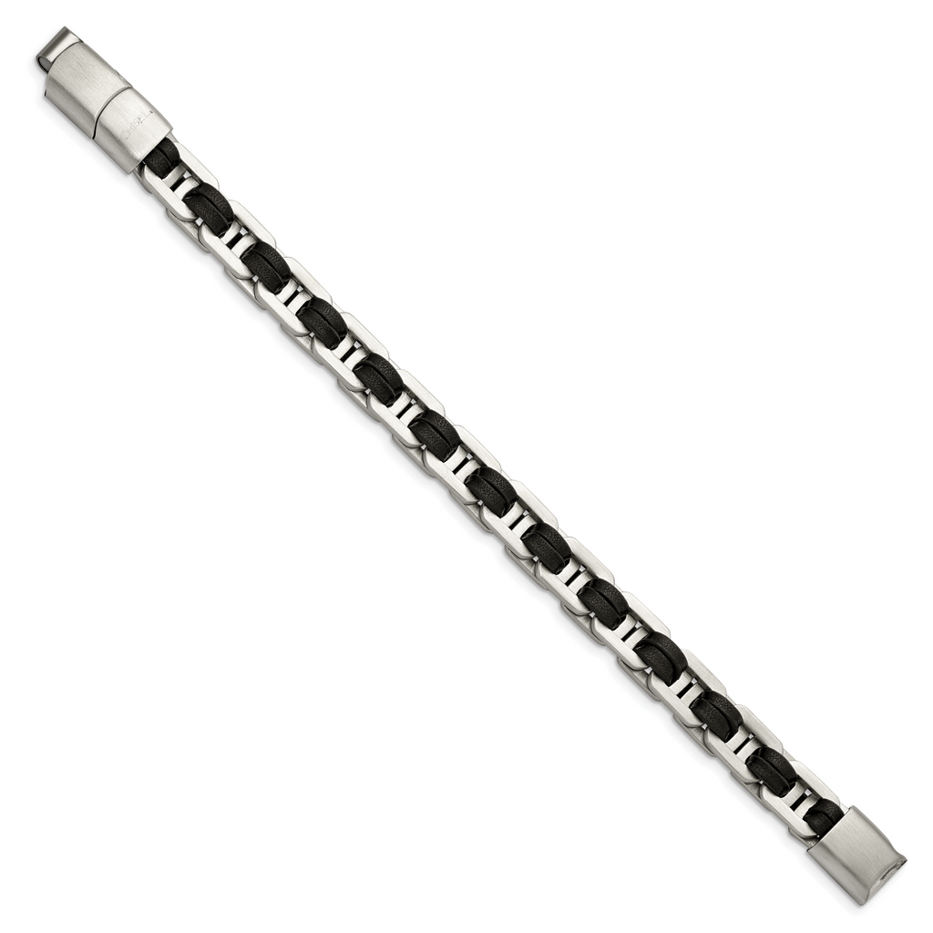 Stainless Steel Brushed with Black PU Leather Bracelet with . Extension