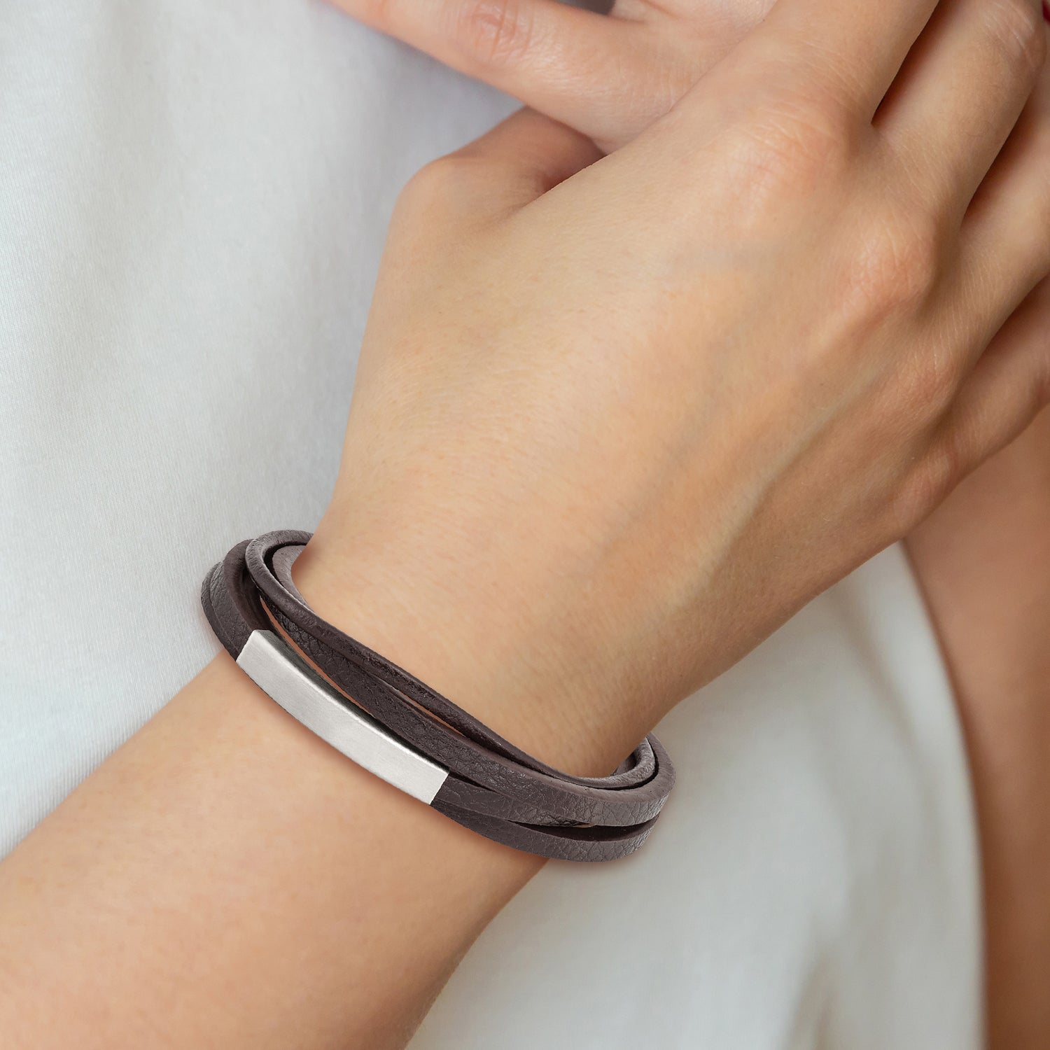 Stainless Steel Brushed Multi Strand Brown PU Leather ID Bracelet with . Extension
