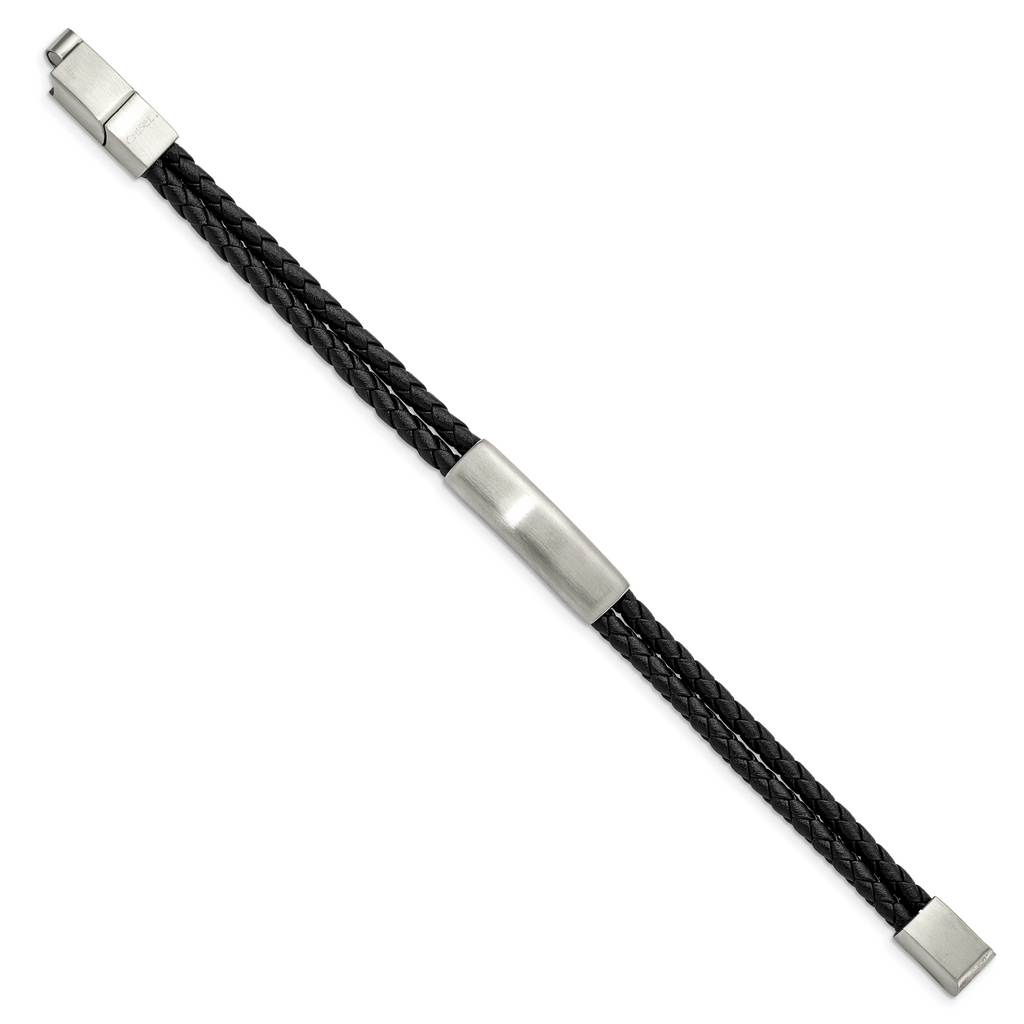 Stainless Steel Brushed Braided Black Leather Multi Strand Plus . Extenstion Bracelet
