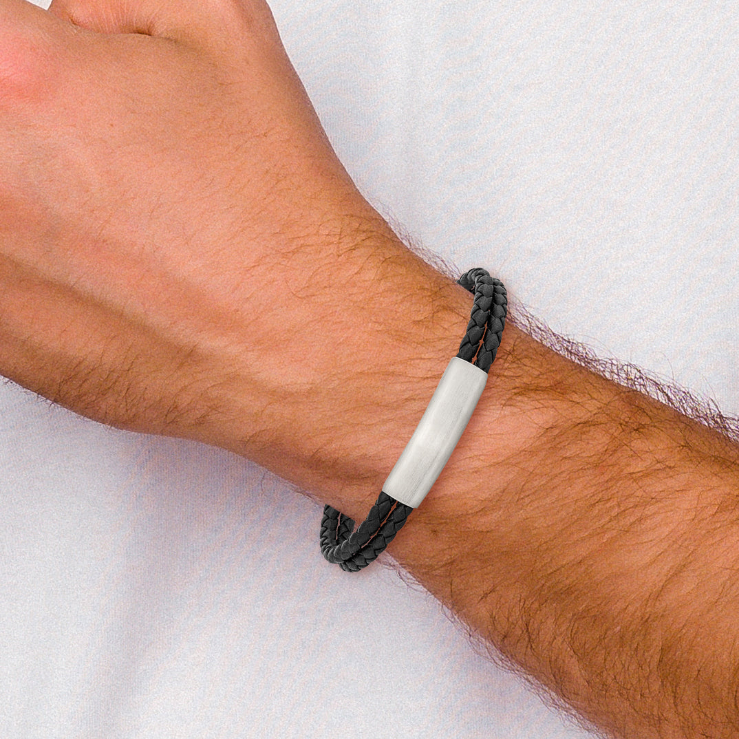 Stainless Steel Brushed Braided Black Leather Multi Strand Plus . Extenstion Bracelet