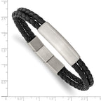 Stainless Steel Brushed Braided Black Leather Multi Strand Plus . Extenstion Bracelet