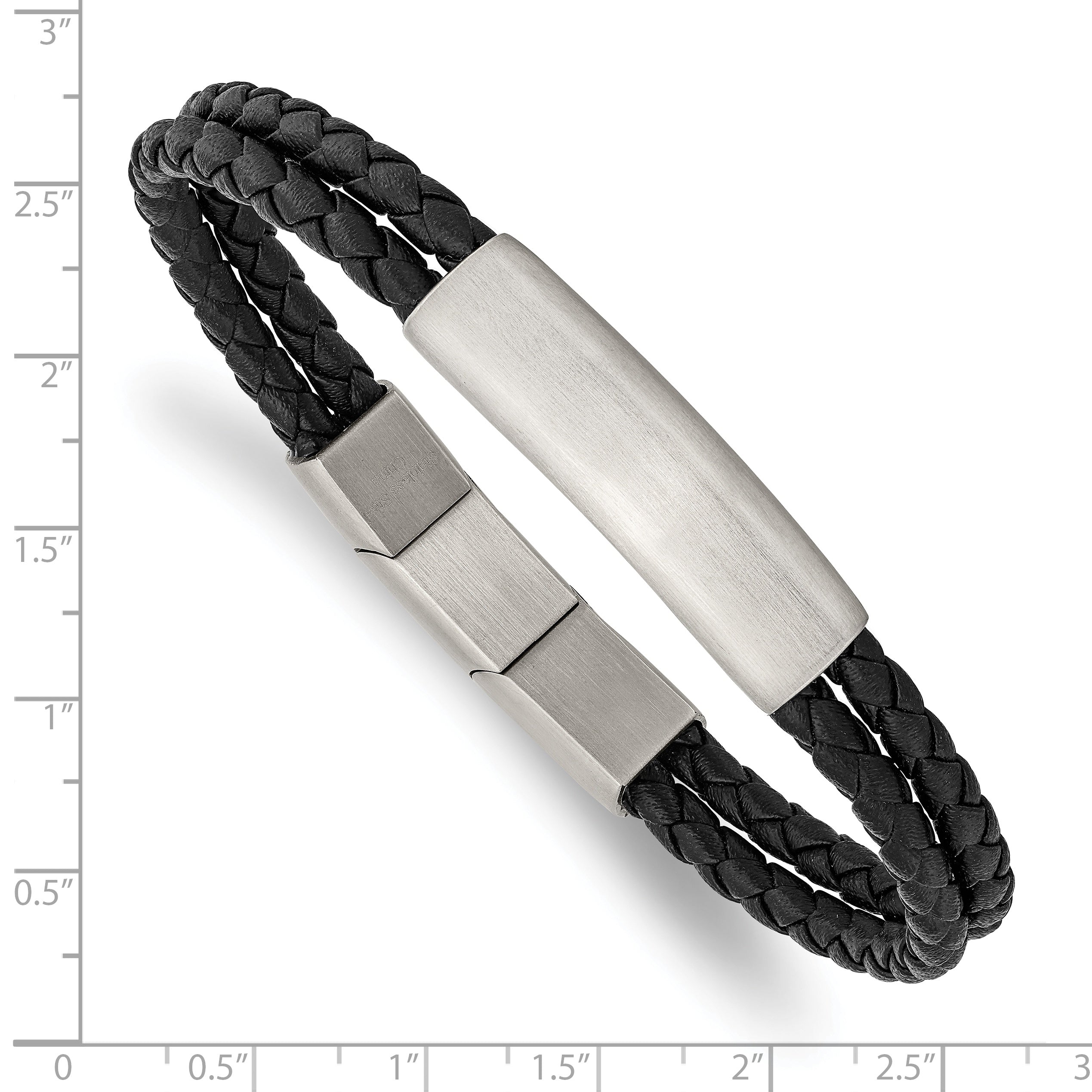 Stainless Steel Brushed Braided Black Leather Multi Strand Plus . Extenstion Bracelet