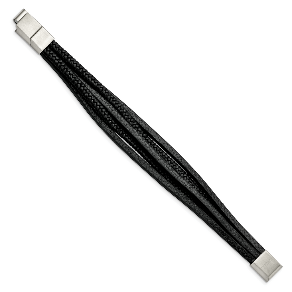 Stainless Steel Polished Multi Strand Black PU Leather Bracelet with . Extension