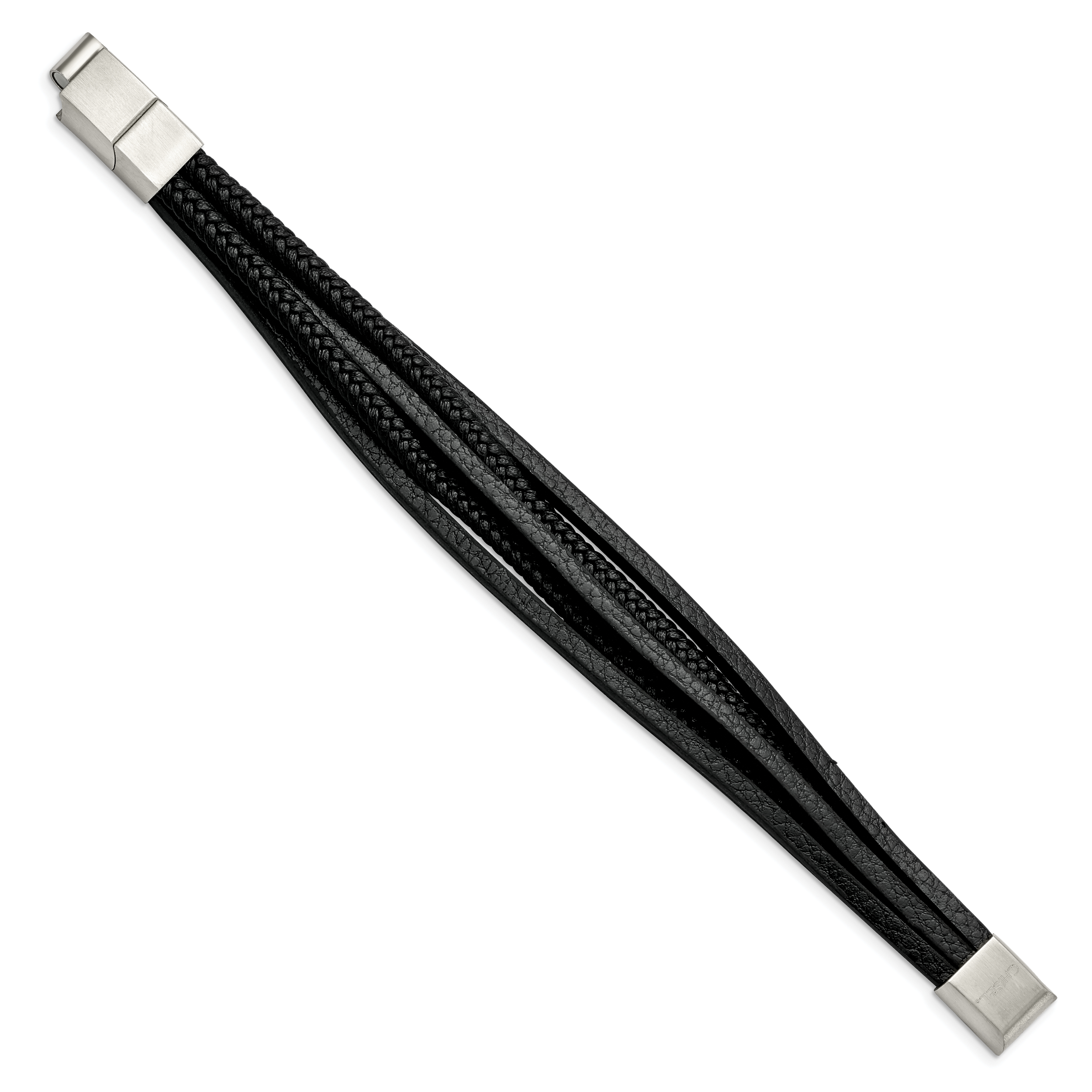 Stainless Steel Polished Multi Strand Black PU Leather Bracelet with . Extension