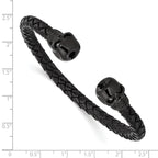Stainless Steel Polished Black IP-plated Skulls with Crystal Eyes Black Braided Leather Cuff Bangle Bracelet
