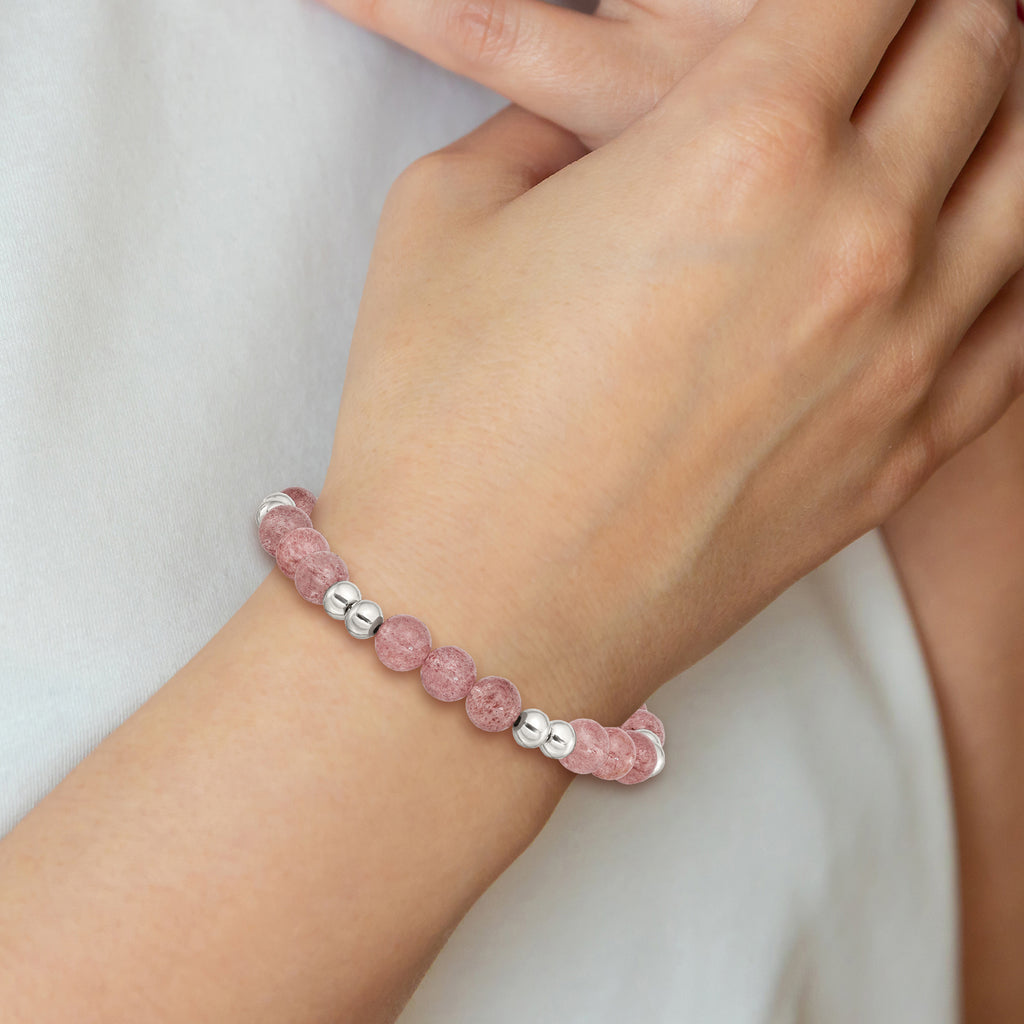 Stainless Steel Polished 6-8mm Strawberry Quartz Beaded Stretch Bracelet for Women