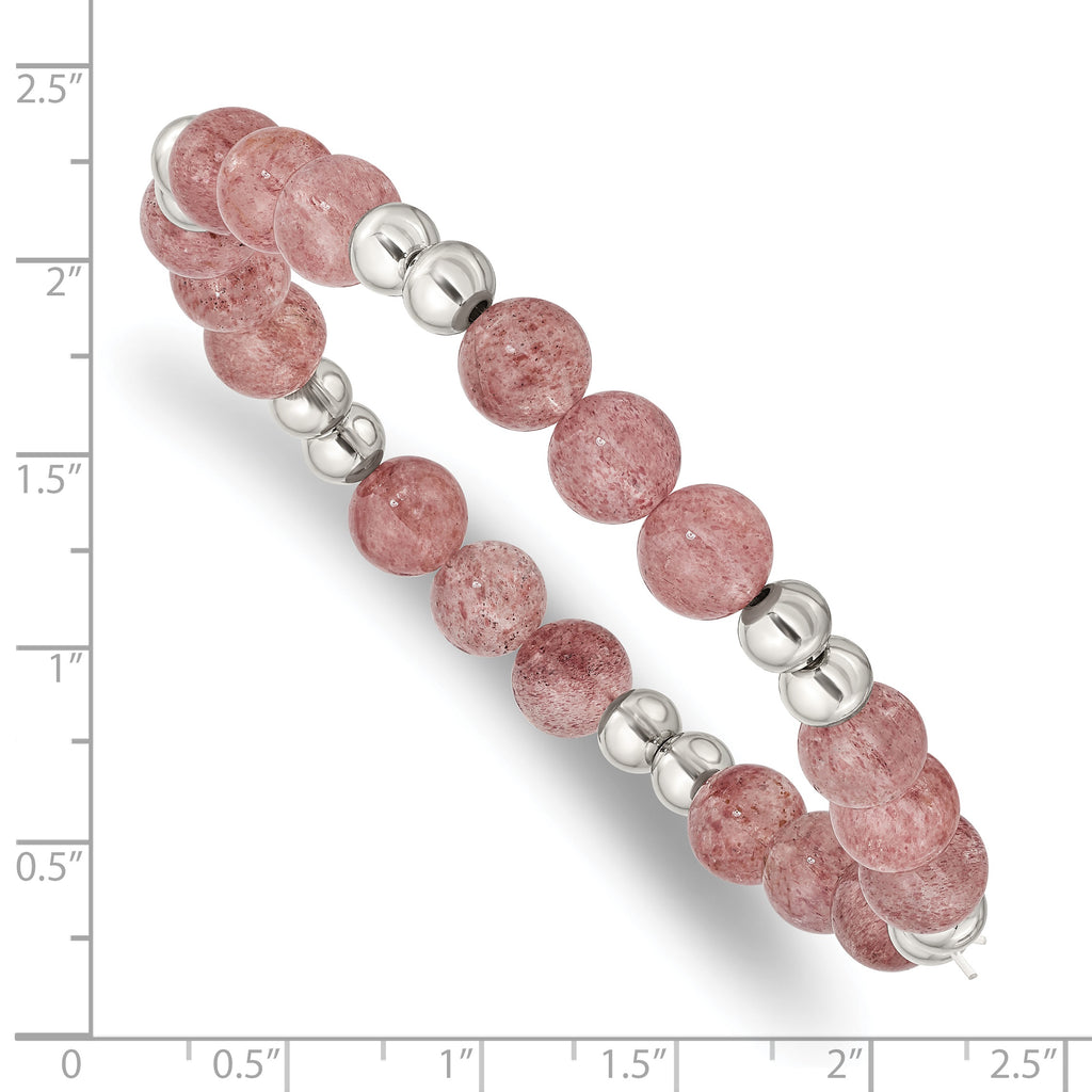 Stainless Steel Polished 6-8mm Strawberry Quartz Beaded Stretch Bracelet for Women