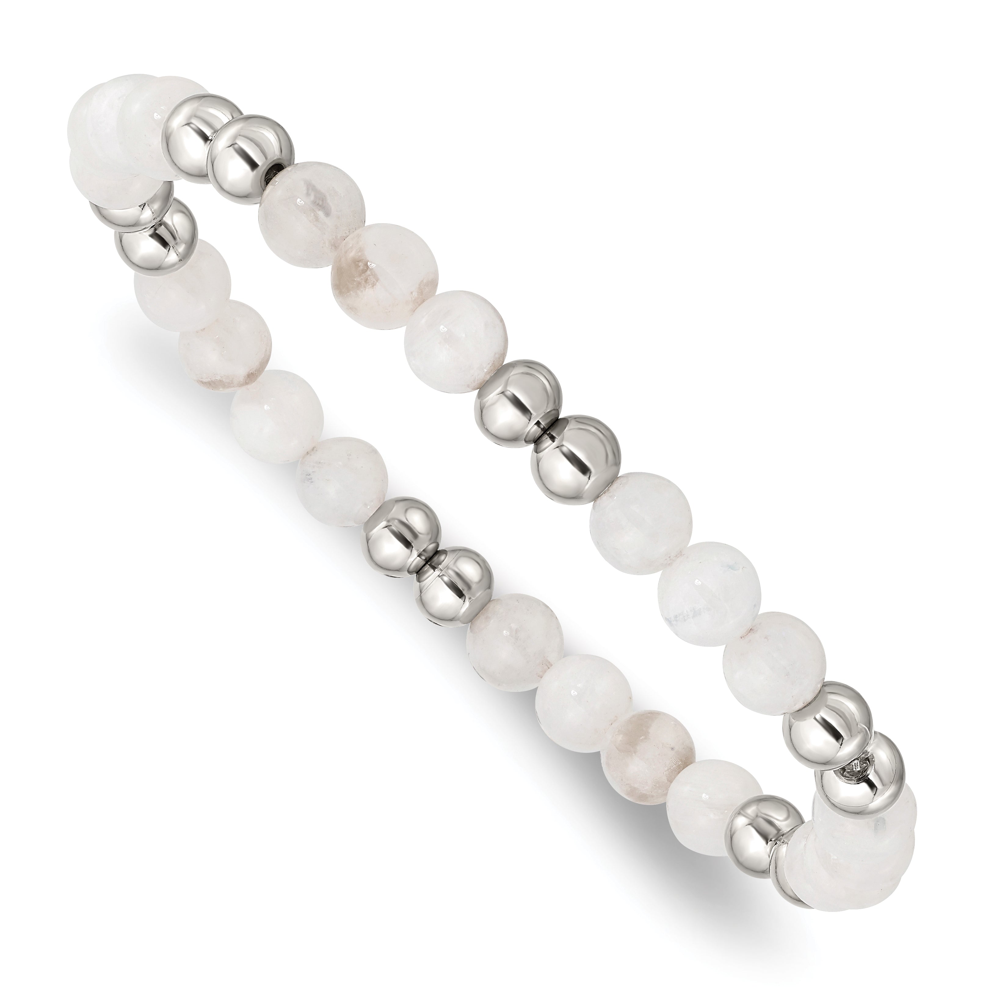 Stainless Steel Polished 6mm White Moonstone Beaded Stretch Bracelet for Women Main image