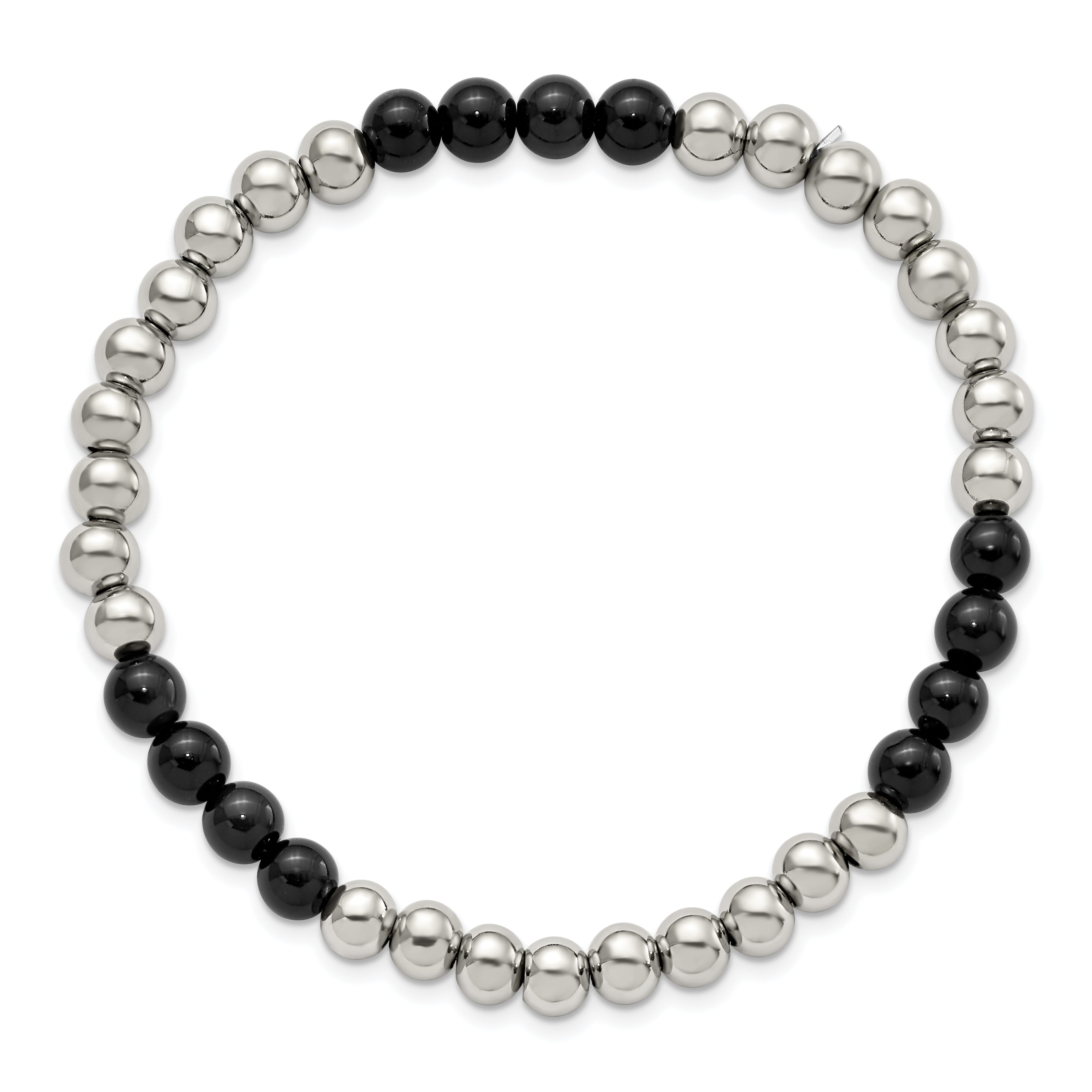 Stainless Steel Polished 6mm Black Onyx Beaded Stretch Bracelet Secondary image