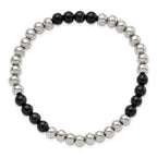 Stainless Steel Polished 6mm Black Onyx Beaded Stretch Bracelet