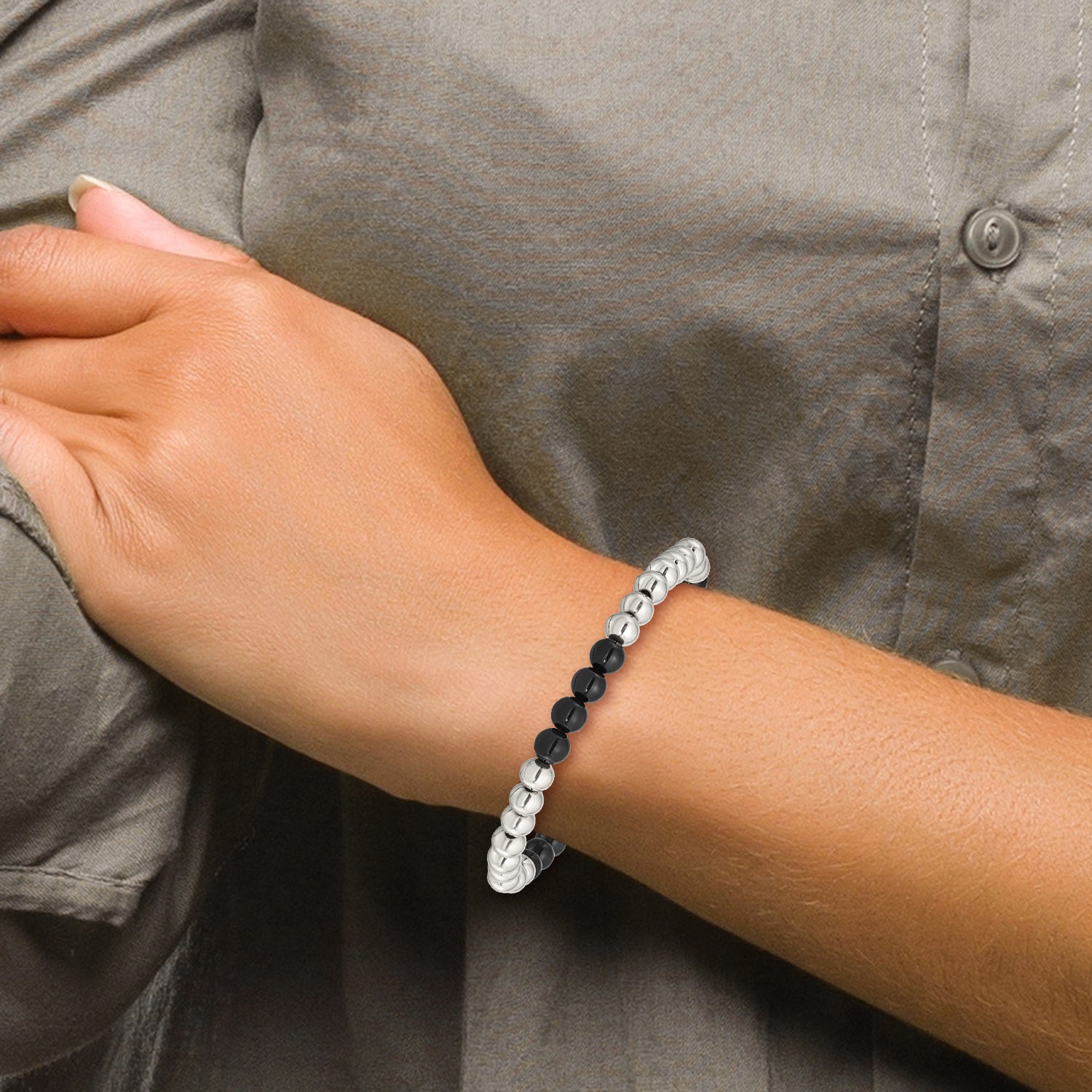 Stainless Steel Polished 6mm Black Onyx Beaded Stretch Bracelet