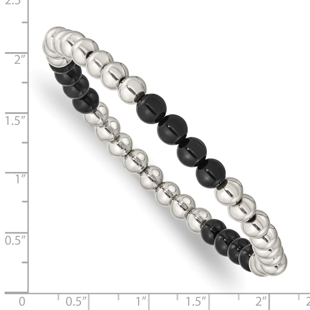 Stainless Steel Polished 6mm Black Onyx Beaded Stretch Bracelet