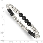Stainless Steel Polished 6mm Black Onyx Beaded Stretch Bracelet