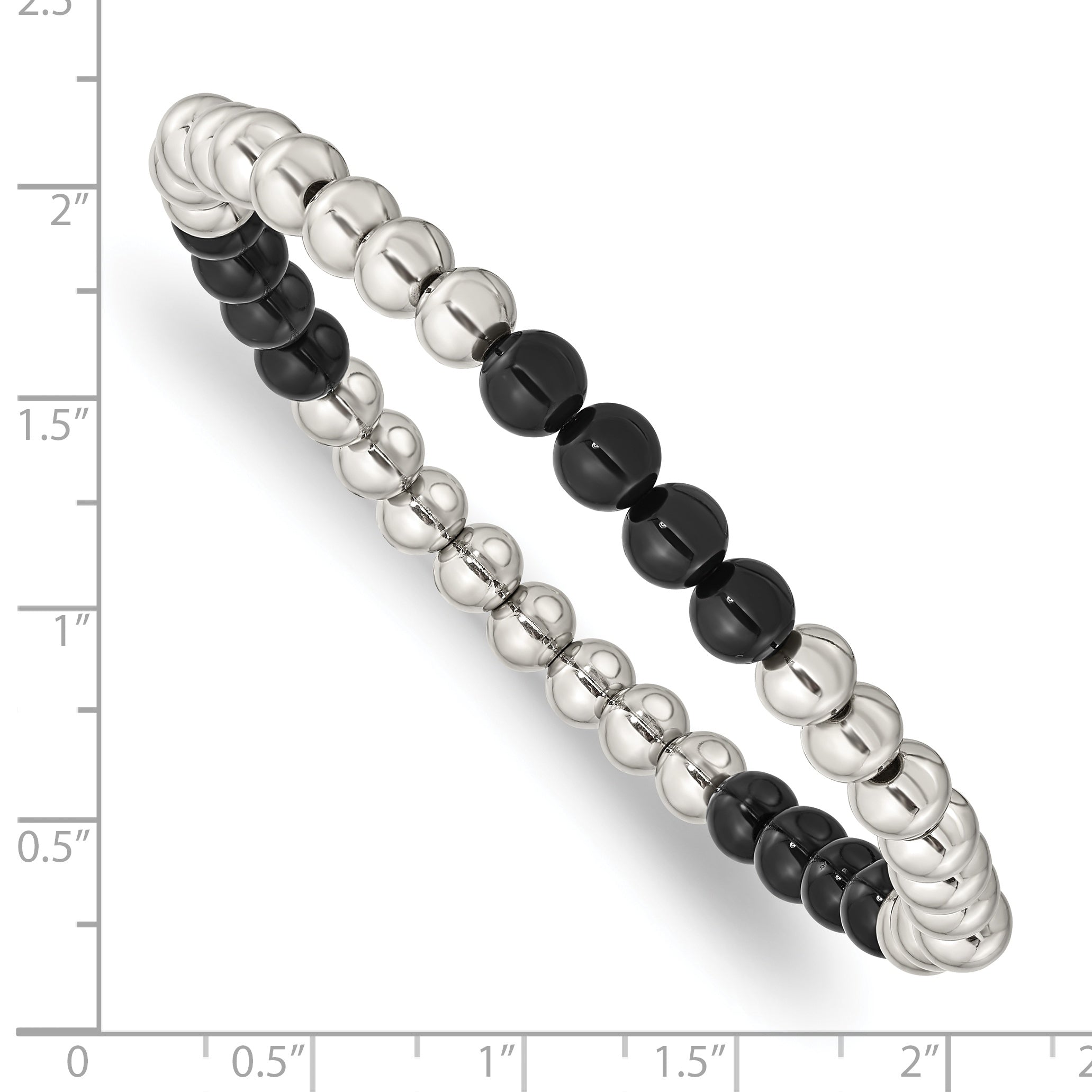 Stainless Steel Polished 6mm Black Onyx Beaded Stretch Bracelet