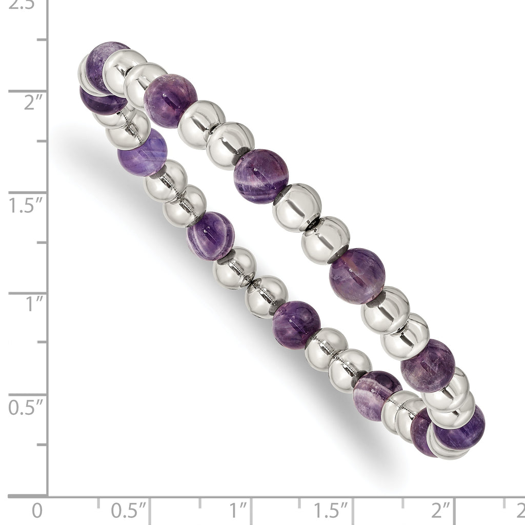 Stainless Steel Polished 6mm Purple Zebra Amethyst Beaded Stretch Bracelet for Women