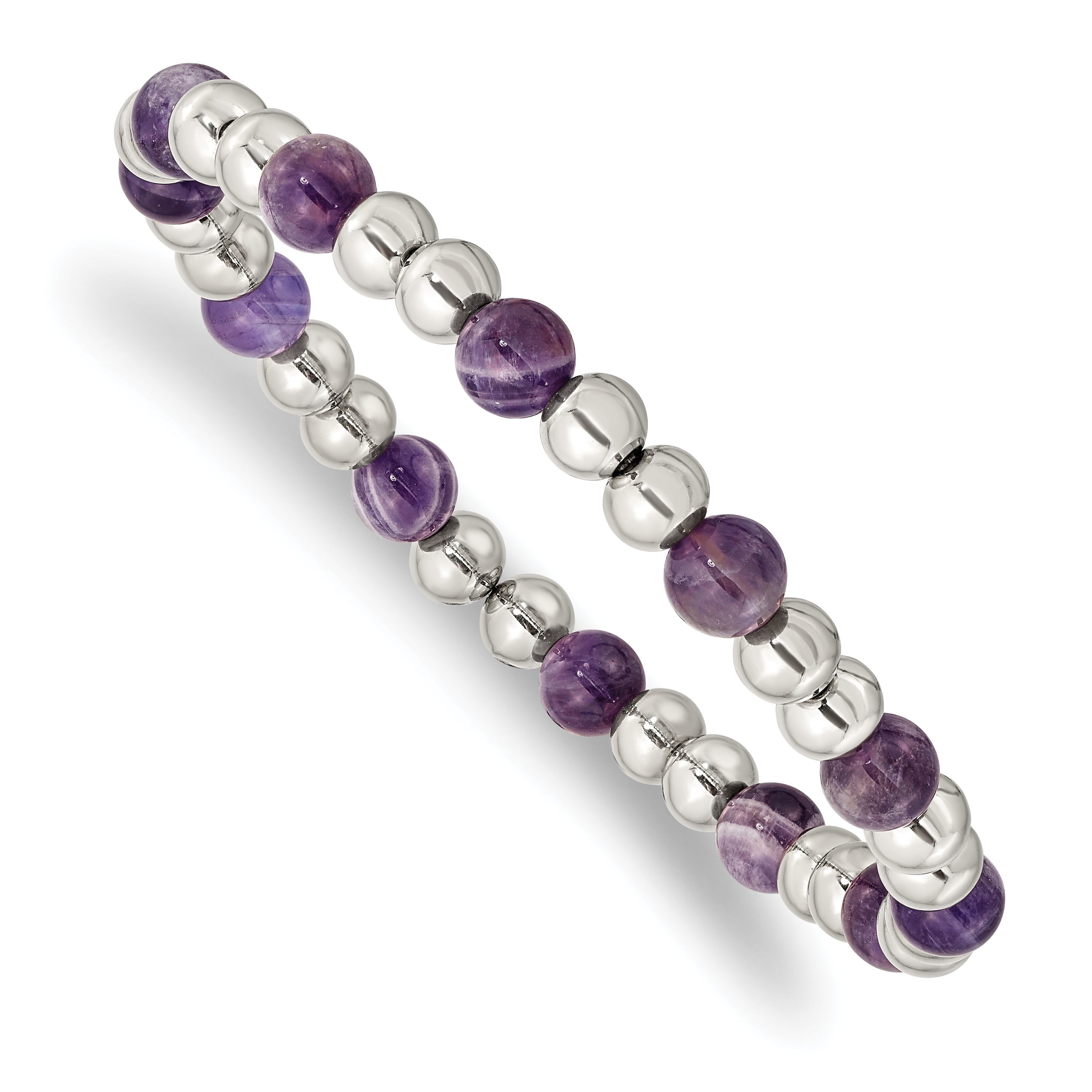 Stainless Steel Polished 6mm Purple Zebra Amethyst Beaded Stretch Bracelet for Women Main image
