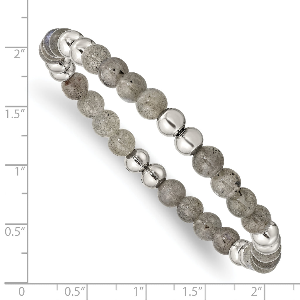 Stainless Steel 6mm Polished Grey Quartz Beaded Stretch Bracelet