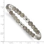 Stainless Steel 6mm Polished Grey Quartz Beaded Stretch Bracelet