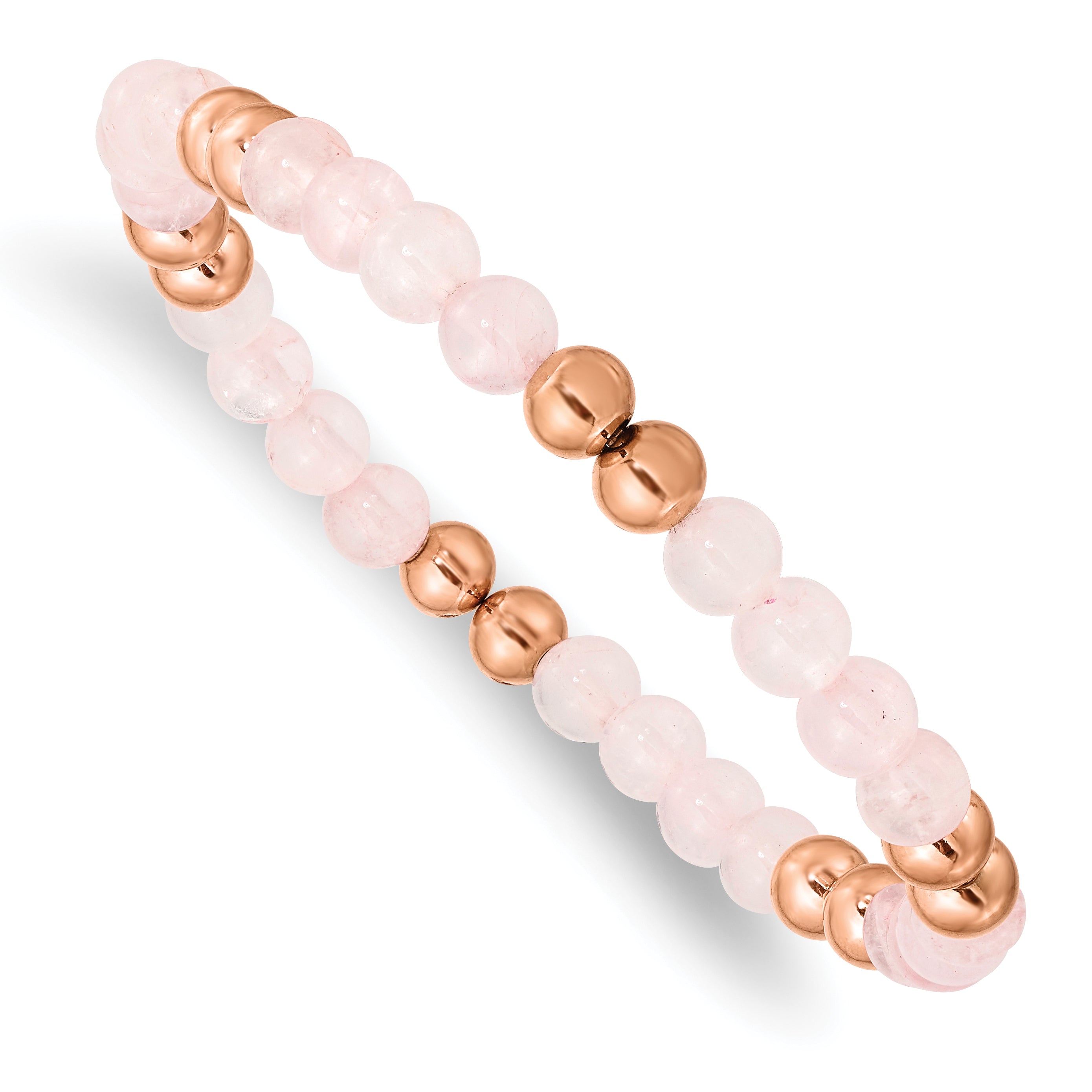 Stainless Steel Polished Rose IP-plated 6mm Pink Quartz Beaded Stretch Bracelet for Women Main image