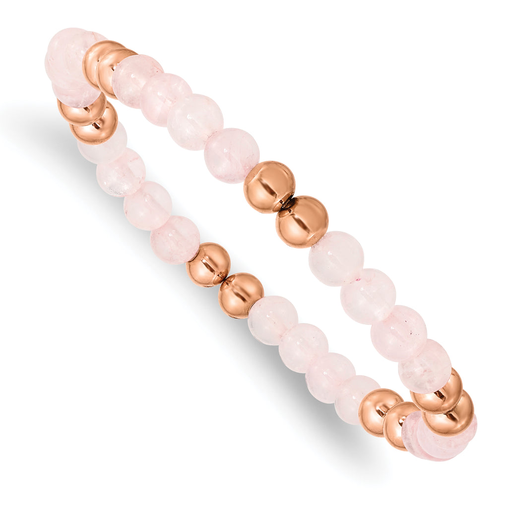 Stainless Steel Polished Rose IP-plated 6mm Pink Quartz Beaded Stretch Bracelet for Women
