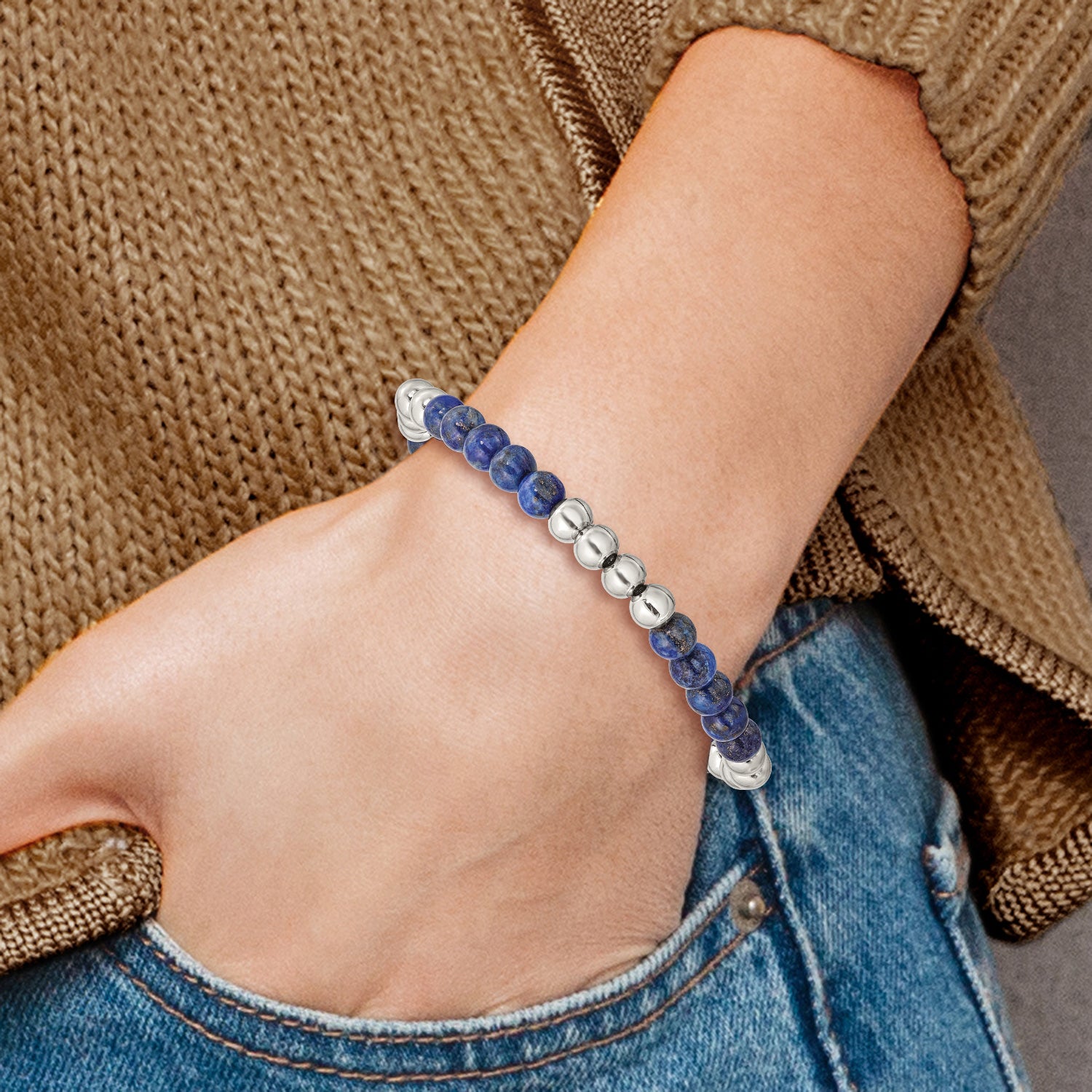 Stainless Steel Polished 6mm Lapis Beaded Stretch Bracelet for Women