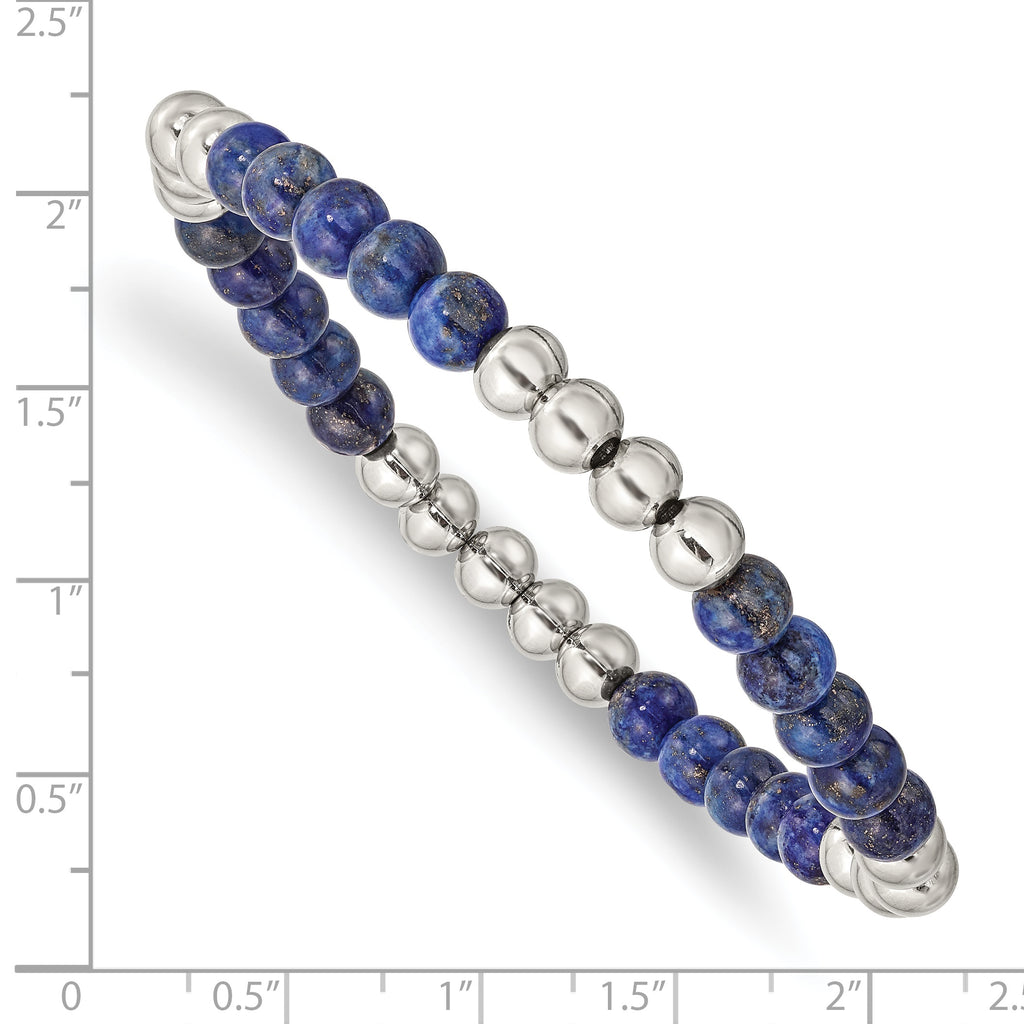 Stainless Steel Polished 6mm Lapis Beaded Stretch Bracelet for Women