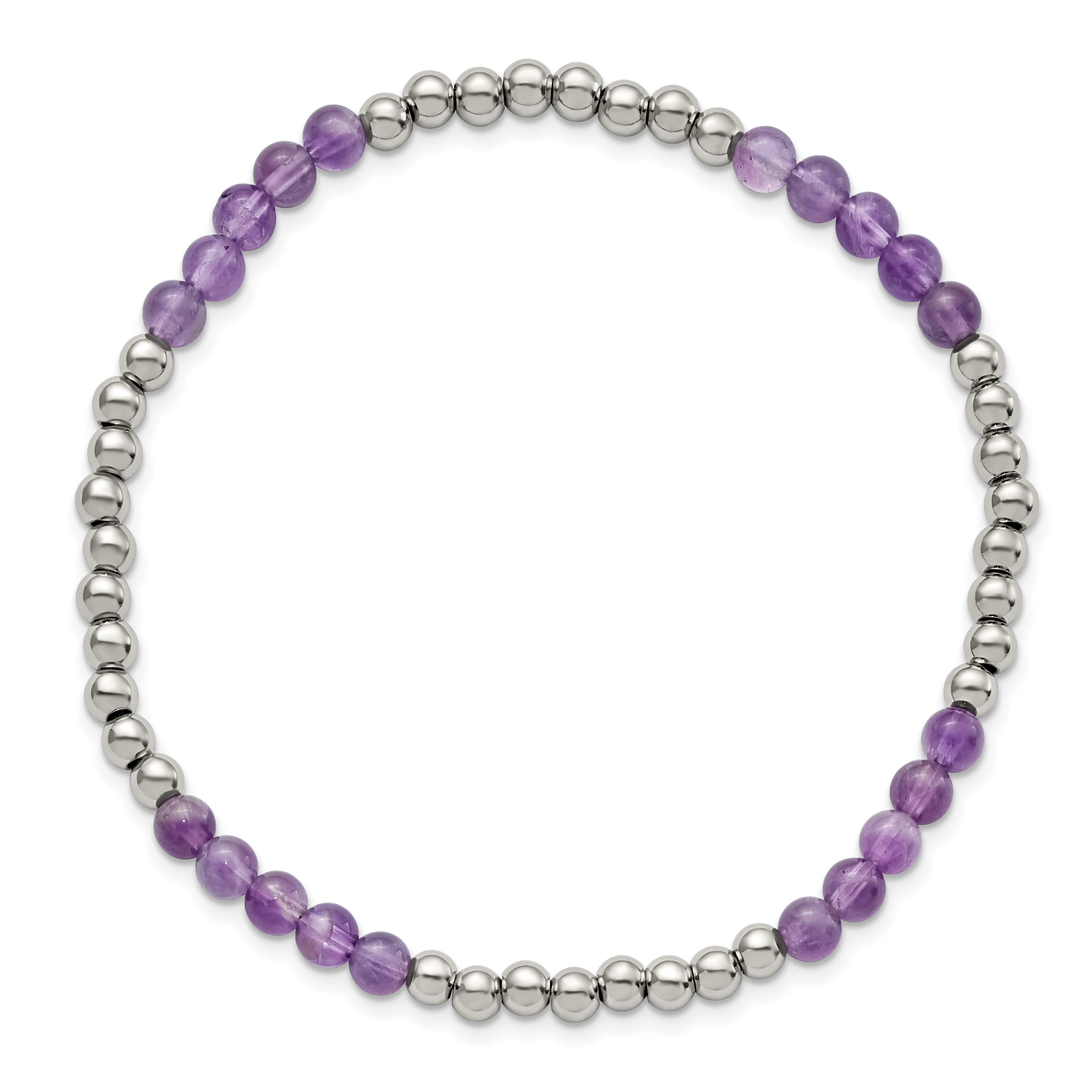 Stainless Steel Polished 4mm Purple Zebra Amethyst Beaded Stretch Bracelet for Women Secondary image