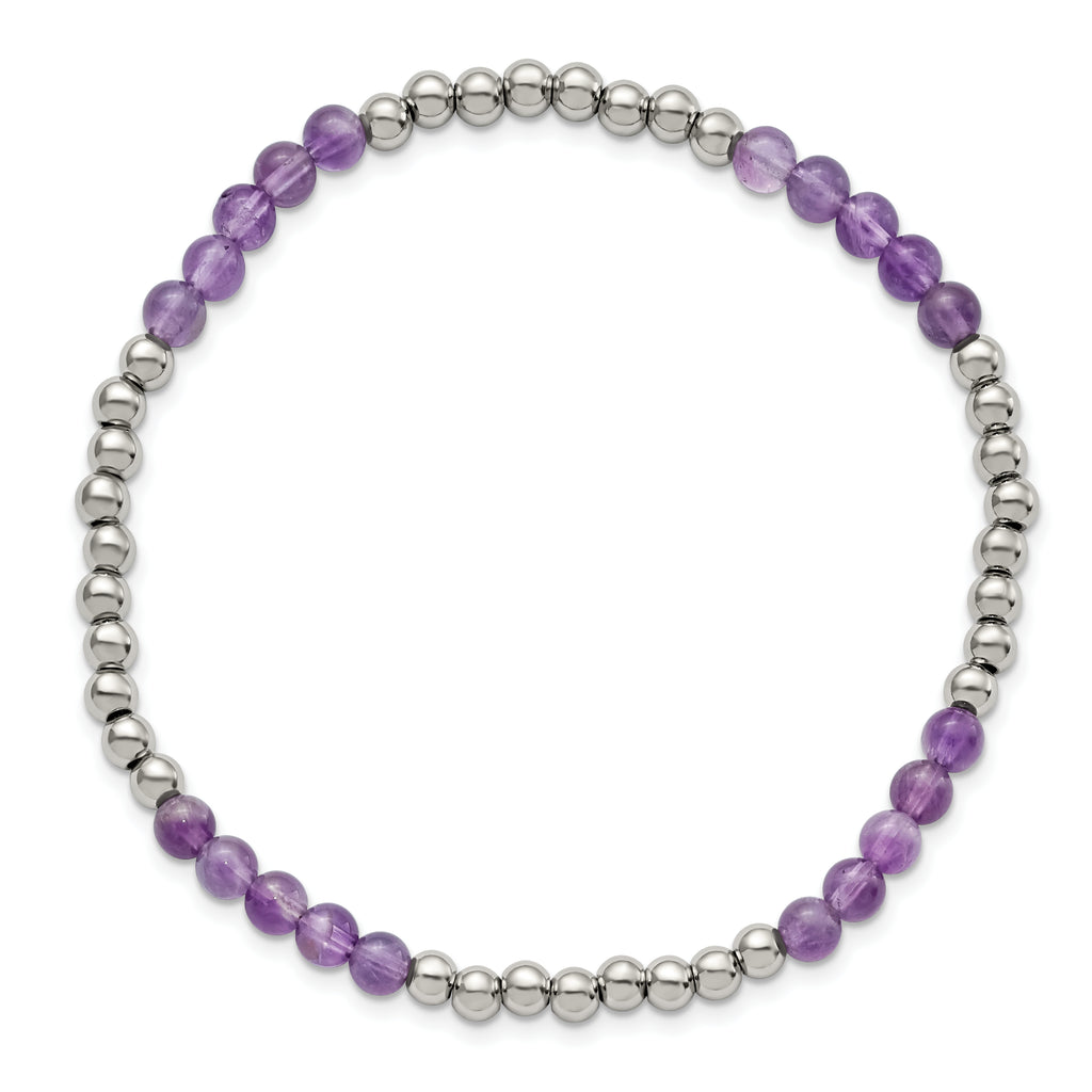 Stainless Steel Polished 4mm Purple Zebra Amethyst Beaded Stretch Bracelet for Women