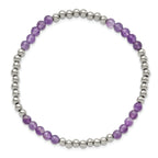 Stainless Steel Polished 4mm Purple Zebra Amethyst Beaded Stretch Bracelet for Women