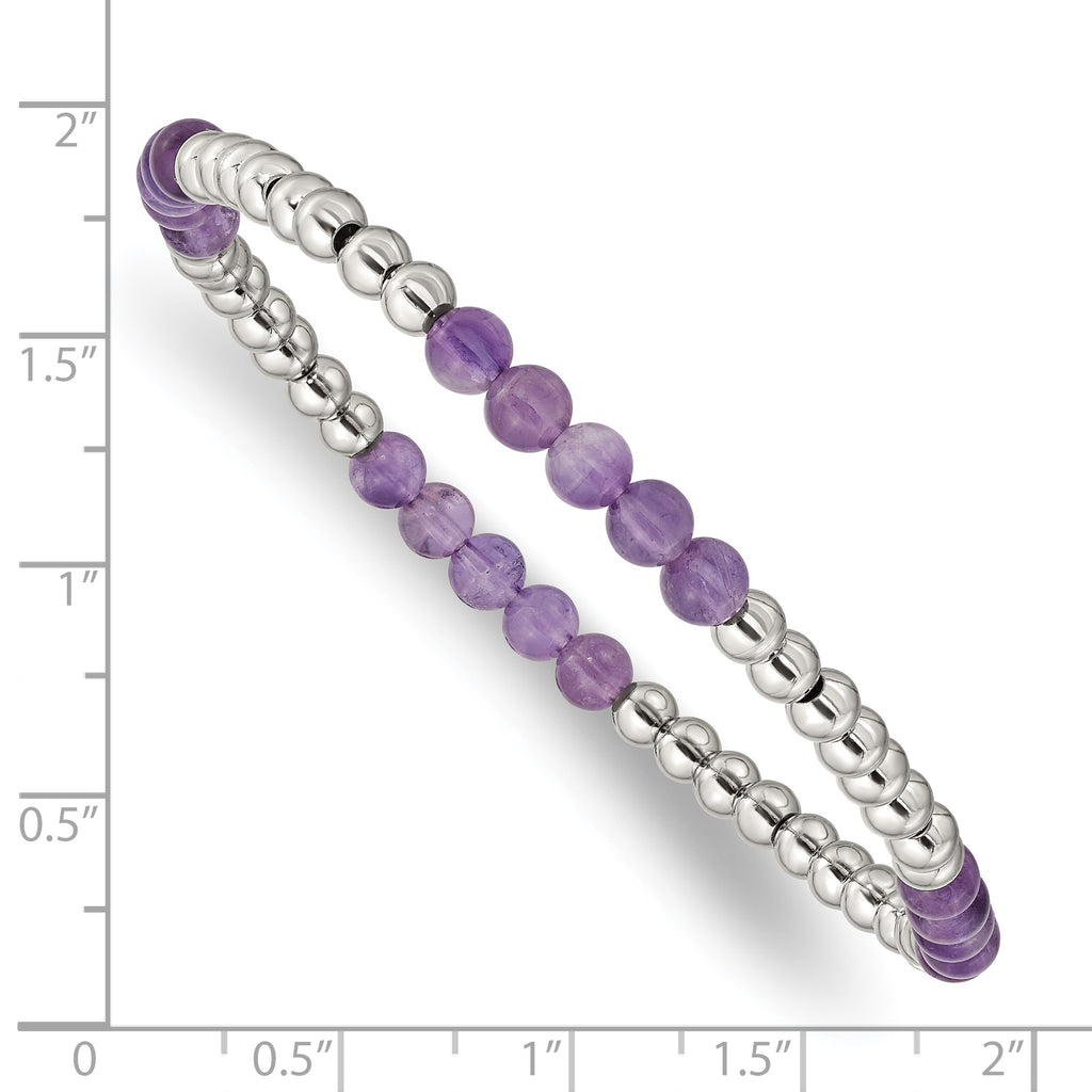 Stainless Steel Polished 4mm Purple Zebra Amethyst Beaded Stretch Bracelet for Women