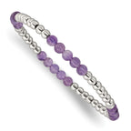 Stainless Steel Polished 4mm Purple Zebra Amethyst Beaded Stretch Bracelet for Women