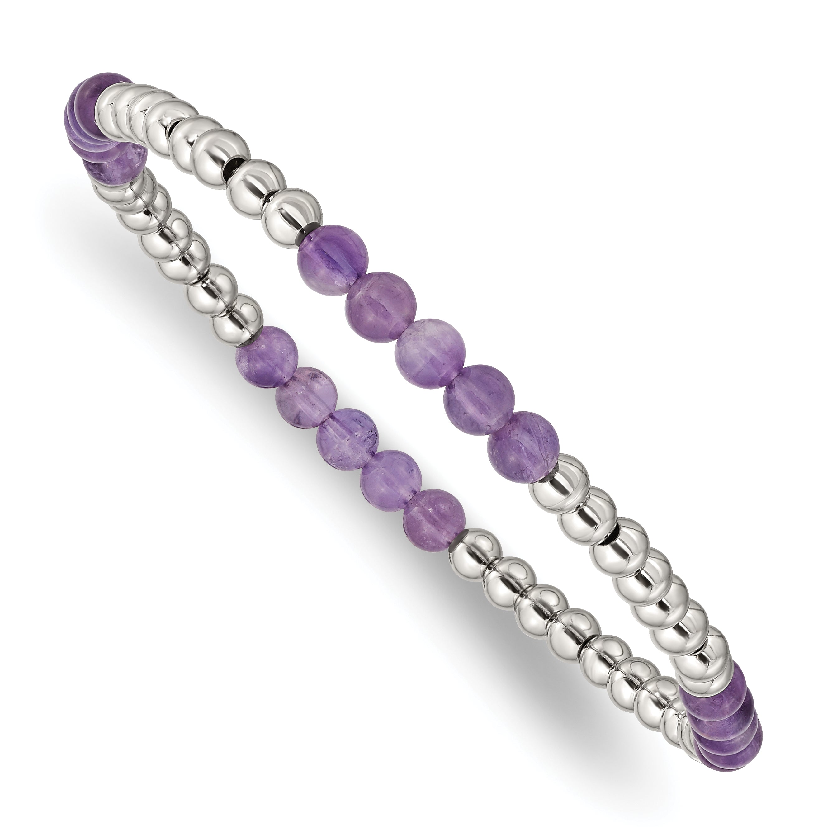 Stainless Steel Polished 4mm Purple Zebra Amethyst Beaded Stretch Bracelet for Women