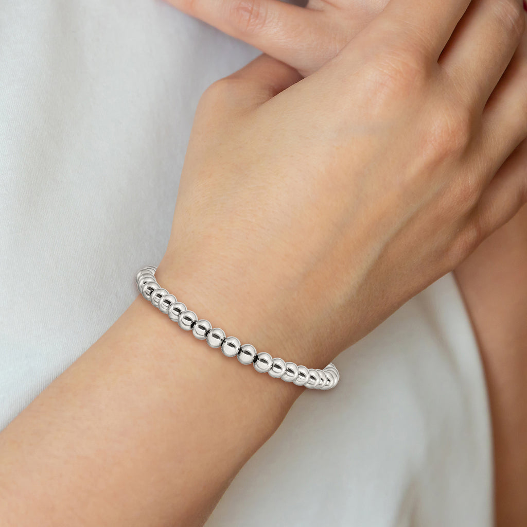 Stainless Steel Polished 6mm Beaded Stretch Bracelet for Women