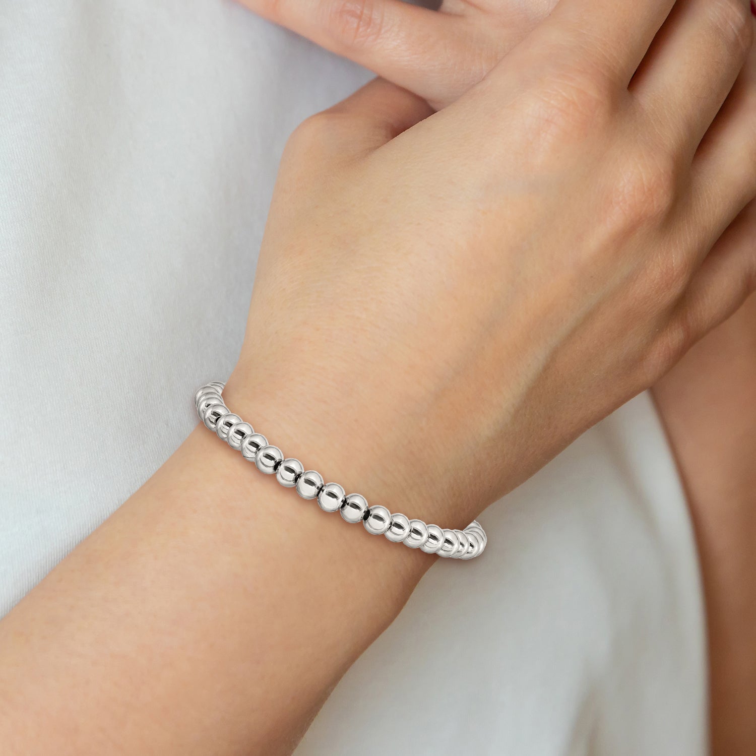 Stainless Steel Polished 6mm Beaded Stretch Bracelet for Women