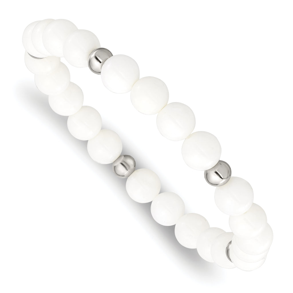 Stainless Steel Polished 6-8mm White Ceramic Beaded Stretch Bracelet for Women