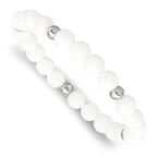 Stainless Steel Polished 6-8mm White Ceramic Beaded Stretch Bracelet for Women