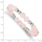 Stainless Steel Polished 6-8mm Pink Quartz Beaded Stretch Bracelet for Women