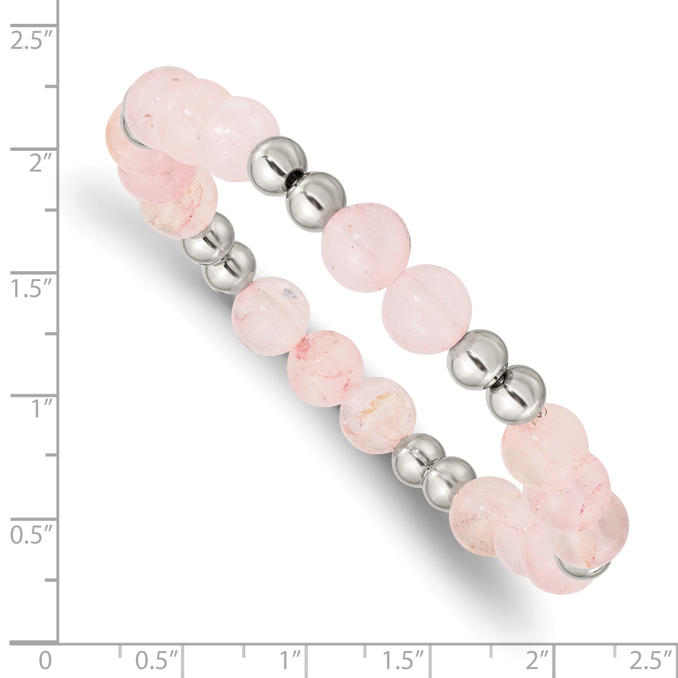 Stainless Steel Polished 6-8mm Pink Quartz Beaded Stretch Bracelet for Women