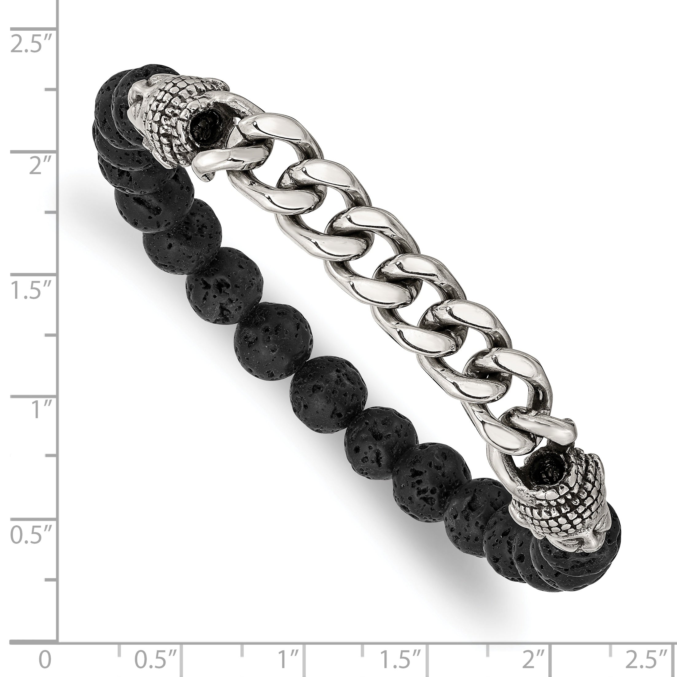 Stainless Steel Antiqued and Polished Buddha 8mm Lava Stone Beaded Stretch Bracelet