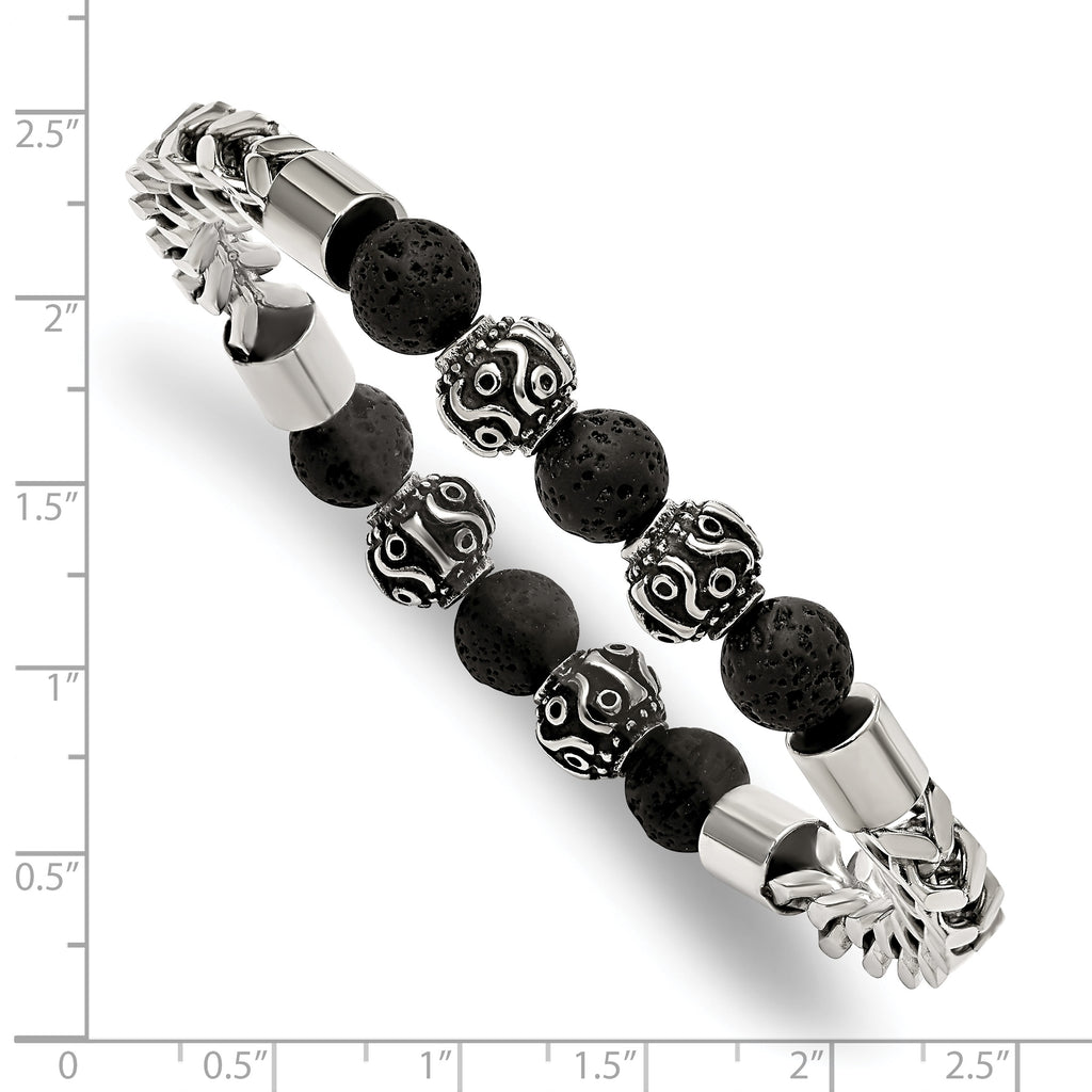 Stainless Steel Antiqued and Polished with 8mm Lava Stone Beaded Stretch Bracelet