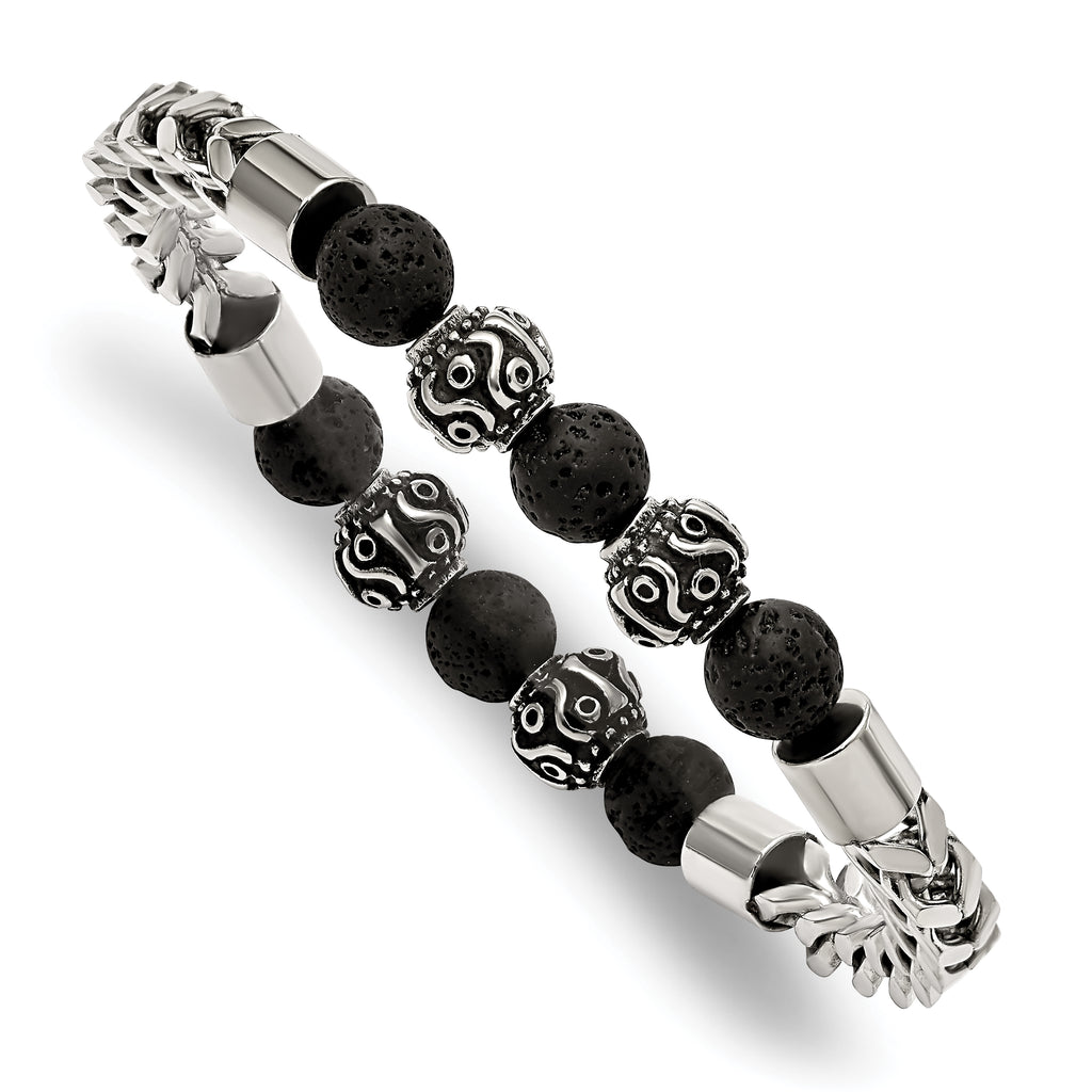 Stainless Steel Antiqued and Polished with 8mm Lava Stone Beaded Stretch Bracelet