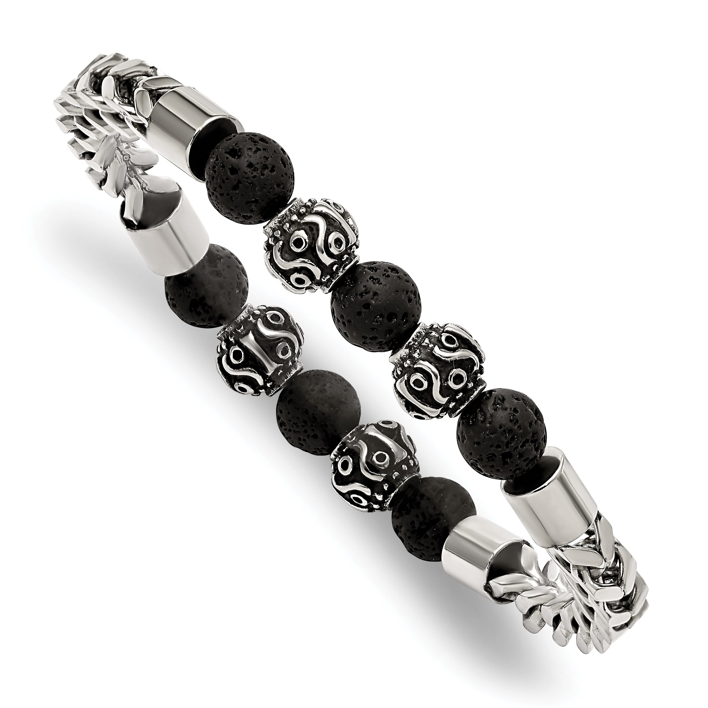 Stainless Steel Antiqued and Polished with 8mm Lava Stone Beaded Stretch Bracelet