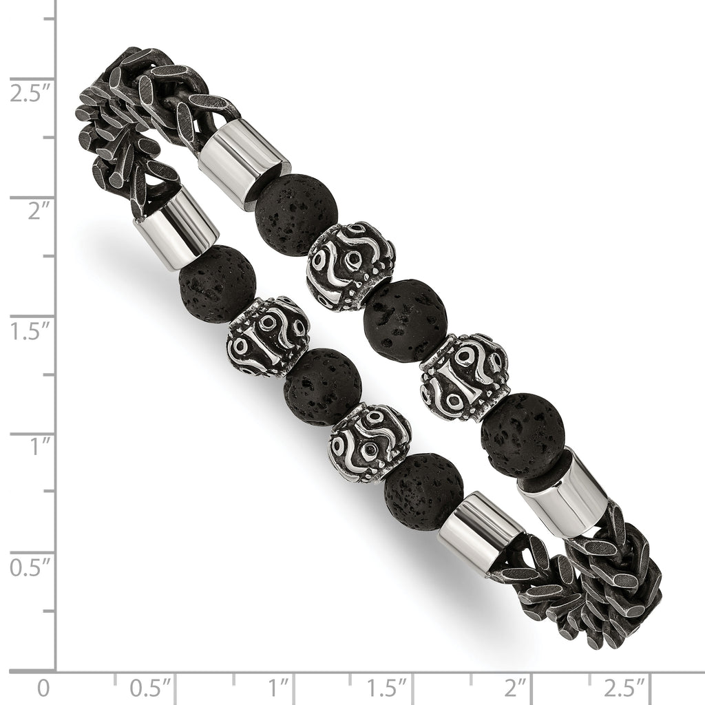 Stainless Steel Antiqued and Polished Black IP-plated Chain 8mm Lava Stone Beaded Stretch Bracelet